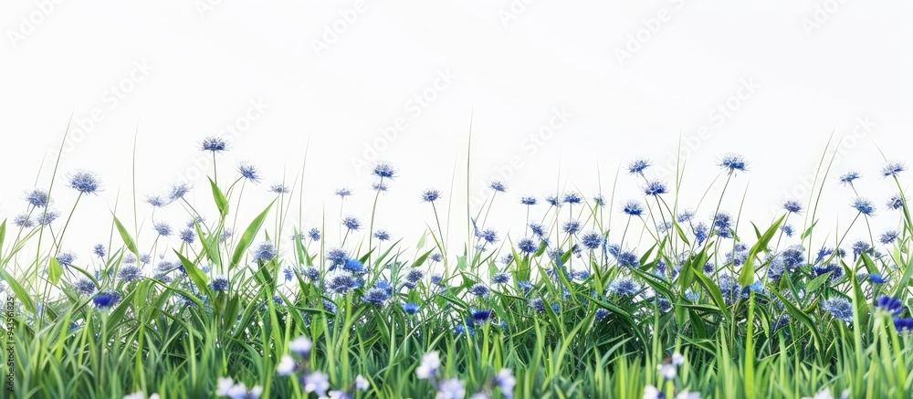 Poster a serene white meadow dotted with vibrant cornflowers against a copy space image