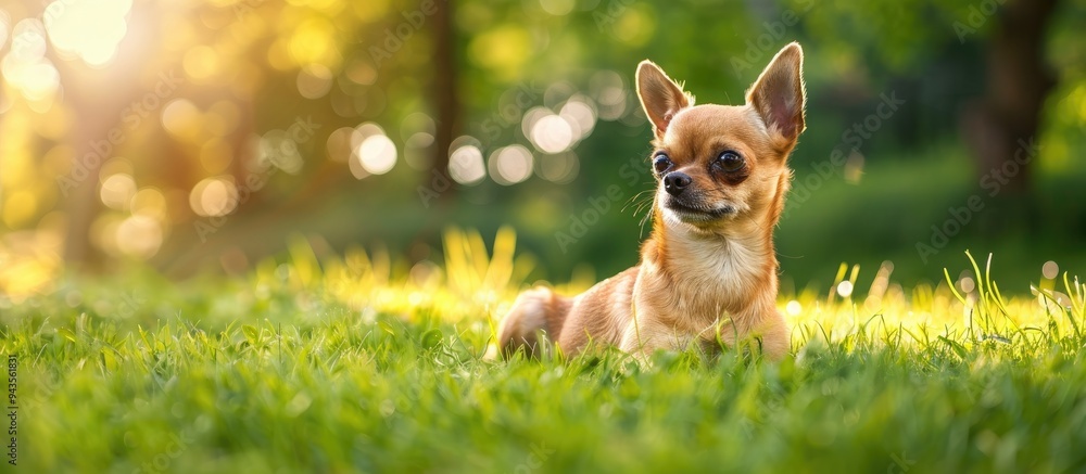 Poster a brown chihuahua sits on the lush green grass in a sunny summer park setting ideal for advertising 