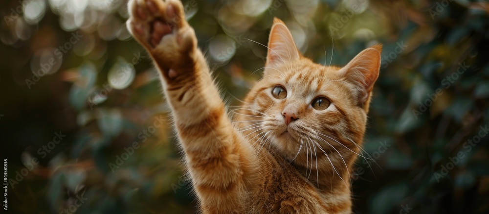 Poster Ginger cat playfully lifting paw with a curious gaze in a copy space image