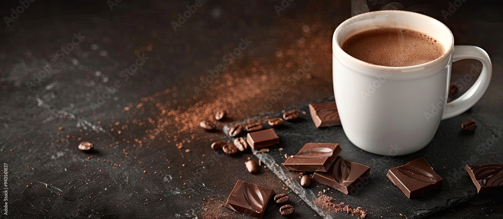 Poster mug with tasty hot chocolate on a dark table with copy space image