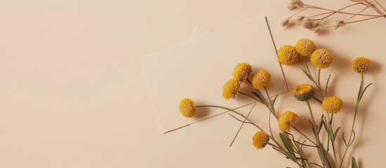 Top view flatlay featuring craspedia flowers on a beige background complemented by a greeting card mockup with ample copy space image