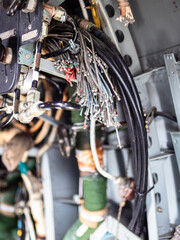 cut wires in control cabin close up