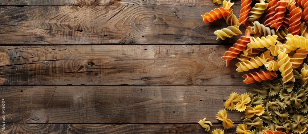 Poster Top view of various pasta types with vegetables on a rustic wooden surface providing free copy space image
