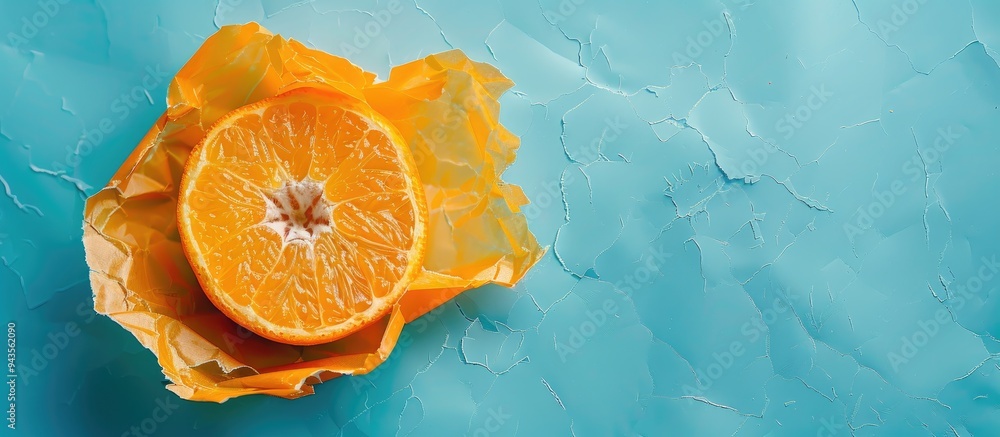 Aufkleber Conceptual symbol of a healthy diet with a message on orange paper against a blue background featuring copy space image