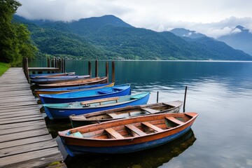 Fototapeta premium A wooden dock hosts a neat row of colorful boats tied up along a peaceful lake, surrounded by lush forests and towering misty mountains under a cloudy sky.