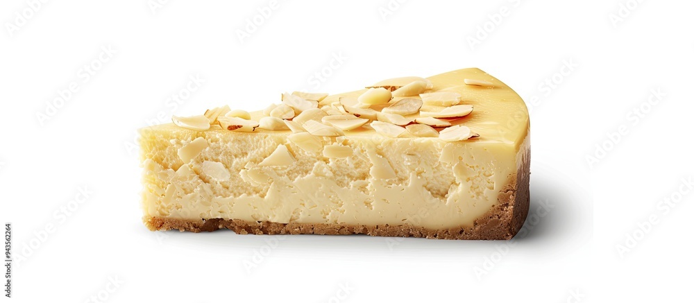Poster a delicious cheesecake adorned with scattered almond flakes displayed in a tantalizing arrangement w