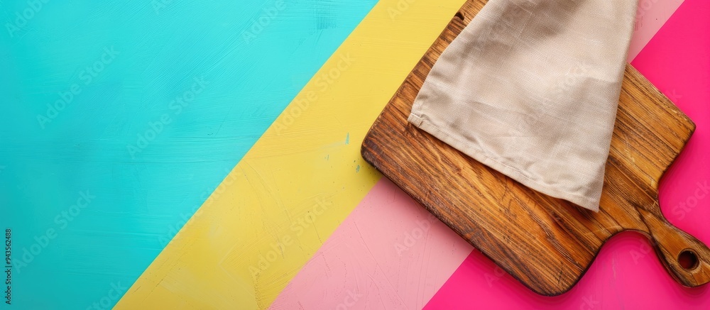 Fototapete Top view of a cutting board with a napkin on a colorful background perfect for copy space image