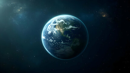 A detailed view of planet Earth from space, showcasing continents and oceans against a backdrop of sparkling stars.