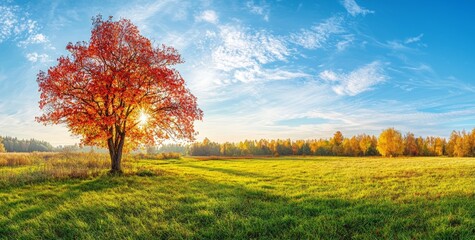 Park in glorious fall colors, with a blue sky and setting sun, a vast green meadow, and a majestic oak tree with red leaves in the foreground