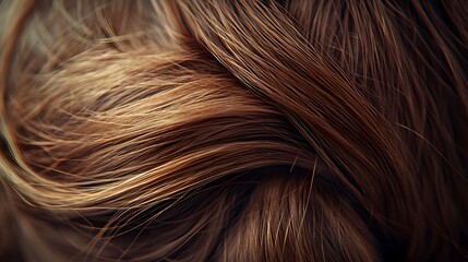 Naklejka premium Close-up of brown hair ponytail, detailed hair texture, wispy strands, soft focus background, natural light, rich chestnut and caramel tones, silky smooth hair.