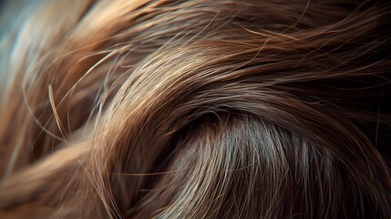 Naklejka premium Close-up of brown hair ponytail, detailed hair texture, wispy strands, soft focus background, natural light, rich chestnut and caramel tones, silky smooth hair.