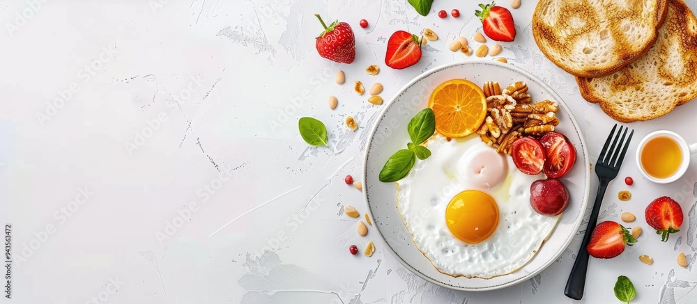 Poster High quality photo showcasing a delicious homemade breakfast from a top view with space for text or graphics. Creative banner. Copyspace image