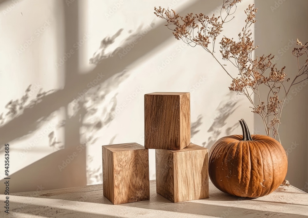 Poster An abstract minimal studio 3D render of a podium display on a background of beige, wood and pumpkin. Decorative autumn pedestal with brown lipstick, beauty products and shadows. An autumnal display.