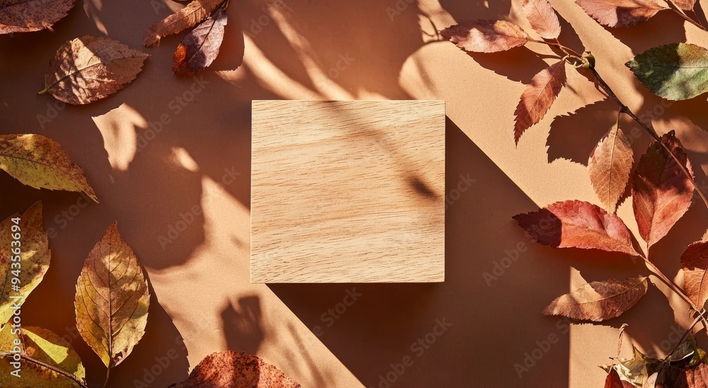 Leinwandbilder 3d background with a wooden display podium on a natural brown backdrop with dry leaf shadows. autumn
