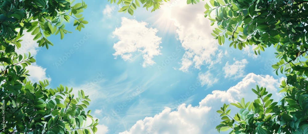 Wall mural blank blue sky with fluffy clouds and green tree branches in the foreground providing copy space ima