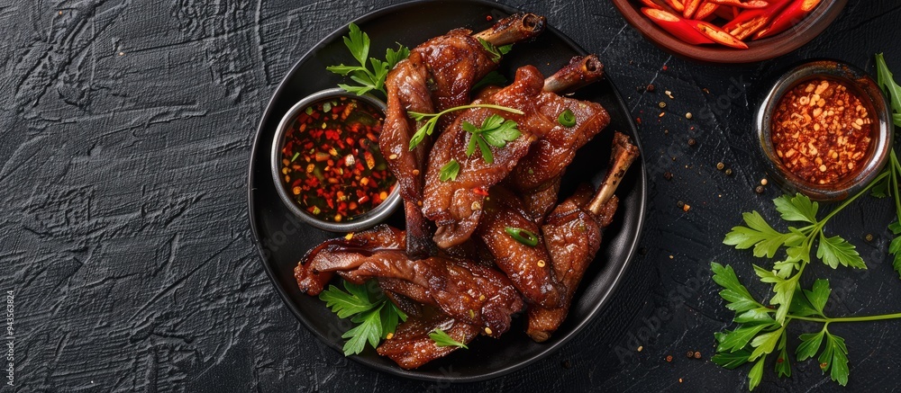 Poster top view of fried duck tongue with spicy dip against a dark background perfect for a copy space imag