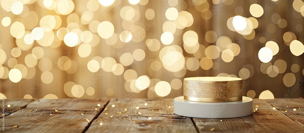 Poster A shimmering gold bokeh creates the perfect backdrop for a product display on a pedestal in this festive showcase with a captivating copy space image