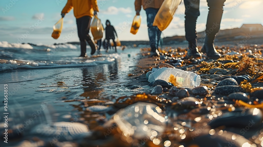 Poster beach cleanup event with volunteers collecting trash and recyclables to protect the coastal environm