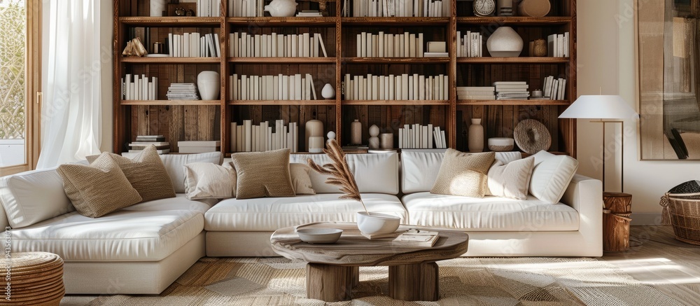 Aufkleber cozy living room with a comfortable sofa and a stylish shelving unit ideal for displaying decoration