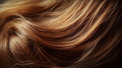 Naklejka premium Close-up of brown hair ponytail, detailed hair texture, wispy strands, soft focus background, natural light, rich chestnut and caramel tones, silky smooth hair.