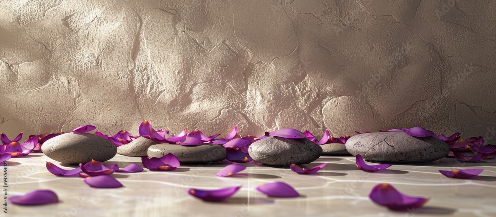 Aufkleber Product display scene with purple petals and stones on a neutral beige background ideal for showcasing items with minimal empty space for caption or copy space image