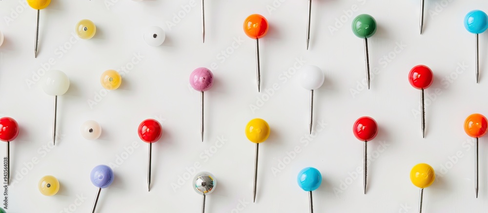 Fototapete colorful pins displayed on a white background from a top view angle ideal as a wallpaper for school 