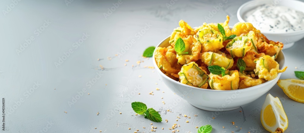 Aufkleber healthy snacks featuring fried okra tempura served with a delectable yogurt sauce perfect for any sn