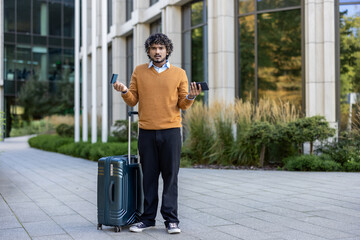 Man standing outside office building looking confused, holding smartphone and credit card. Carrying...