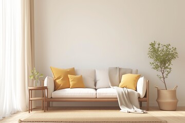 Modern living room with sofa with light color pillows