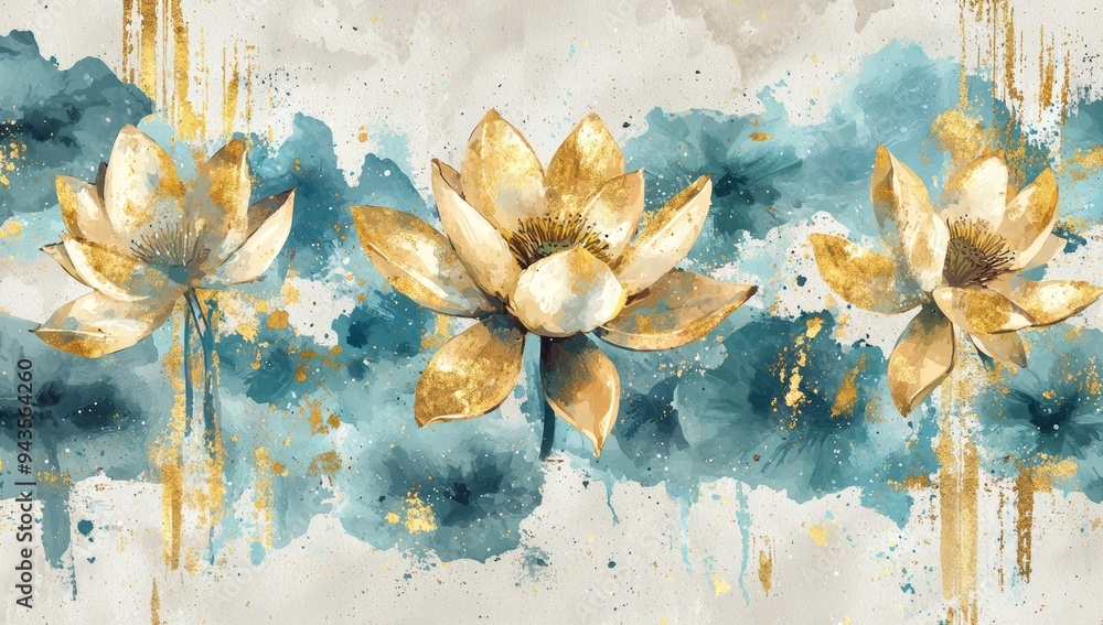 Poster a white canvas is painted with open lotus flowers. the images are in a 3d format.
