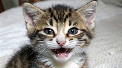 Obraz premium A Close-Up of a Tabby Kitten with Green Eyes and an Open Mouth