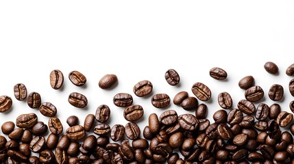 Coffee beans scattered on pure white background, roasted coffee beans border, rich brown colors, varying shades and textures, close-up macro photography.