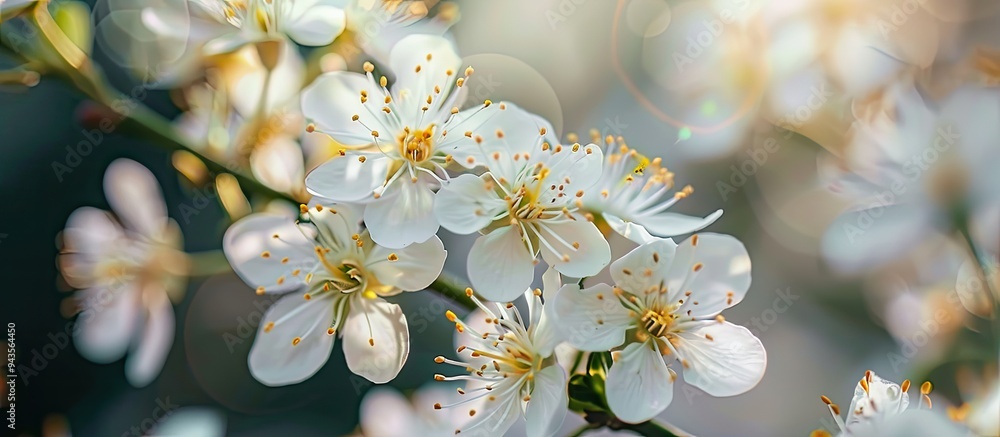 Poster front view of blooming small white flowers with long stamens in a macro shot against a blurred backg