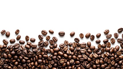 Coffee beans scattered on pure white background, roasted coffee beans border, rich brown colors, varying shades and textures, close-up macro photography.