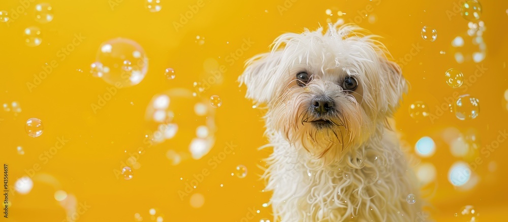 Wall mural Maltese dog with soap bubbles on a yellow backdrop perfect for a copy space image