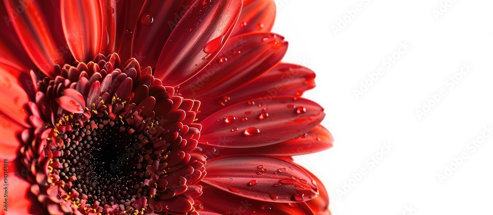 Poster close up studio photograph of a vibrant red gerbera flower on a white background with copy space ima