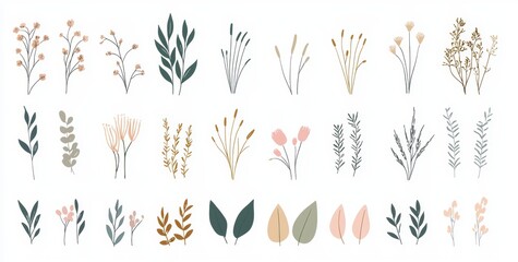 Set of watercolor floral illustrations featuring flowers and green gold leaf. Flat cartoon style.