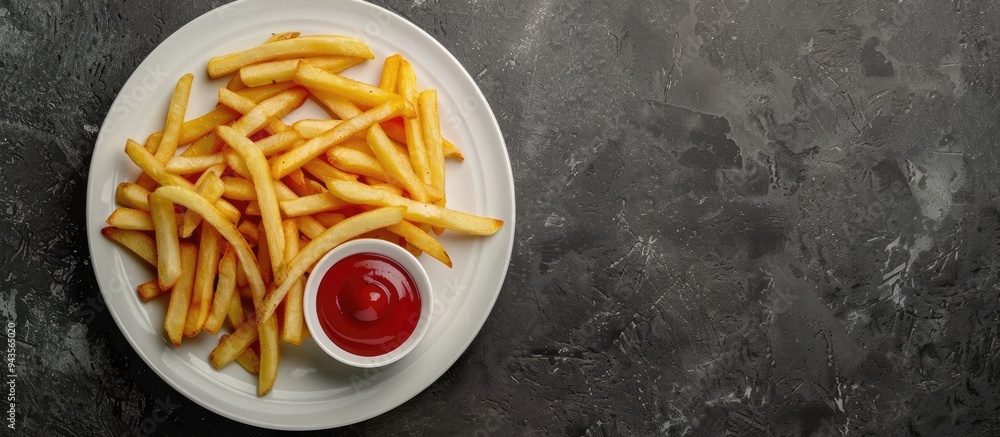 Aufkleber top down view of homemade american french fries with ketchup on a plate with ample copy space image