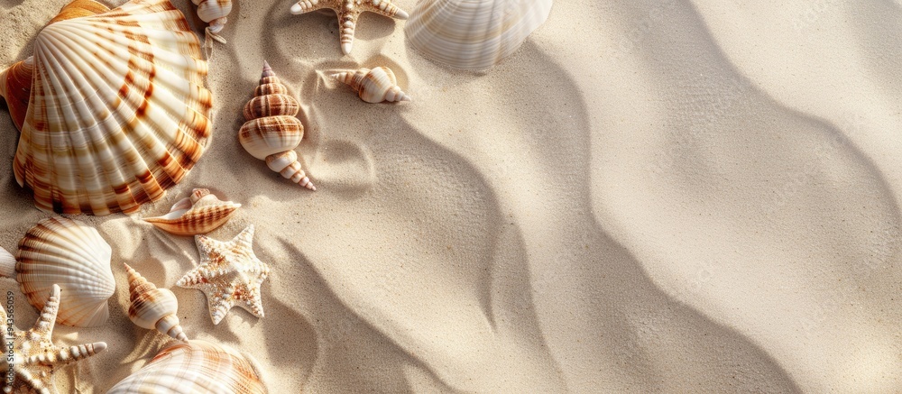 Poster Top down view of seashells on sandy beach with copy space for your own image