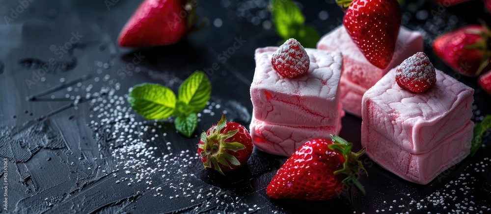 Poster high quality close up image of pink dessert marshmallow with strawberries on a black background feat