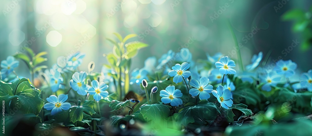 Poster close up shot of delicate blue primroses in a spring forest with copy space image