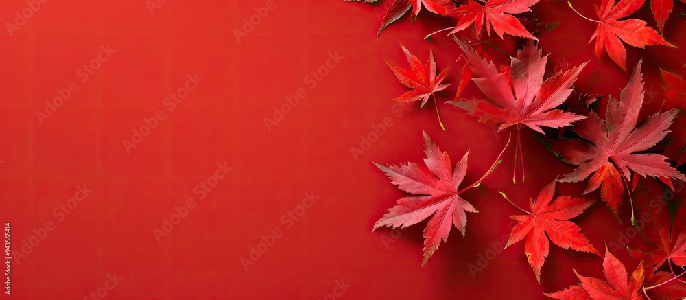 Poster Maple leaves adorned on a red background with copy space image