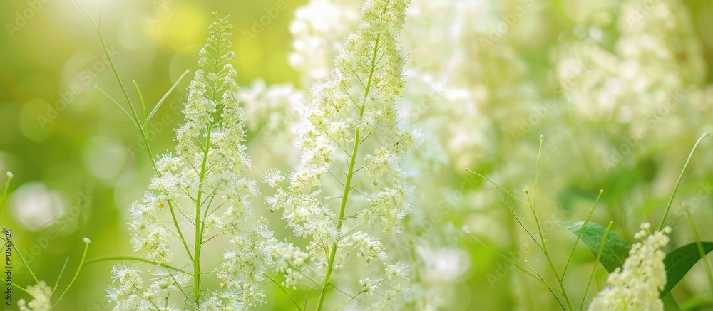 Poster close up of white meadowsweet flowers on a meadow in summer with a green botanical backdrop suitable