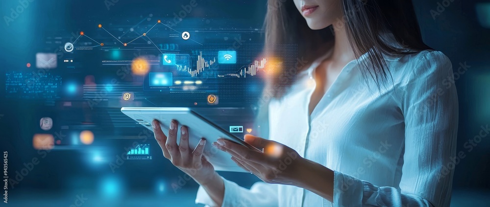 Poster Concept of a document management system with a tablet computer being used by a businesswoman