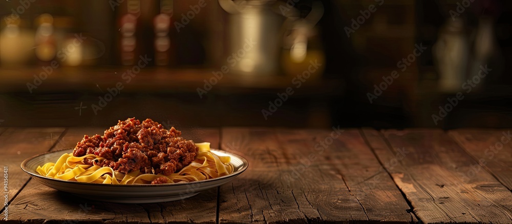 Poster a plate with pasta and minced meat is displayed on a wooden table with copy space image