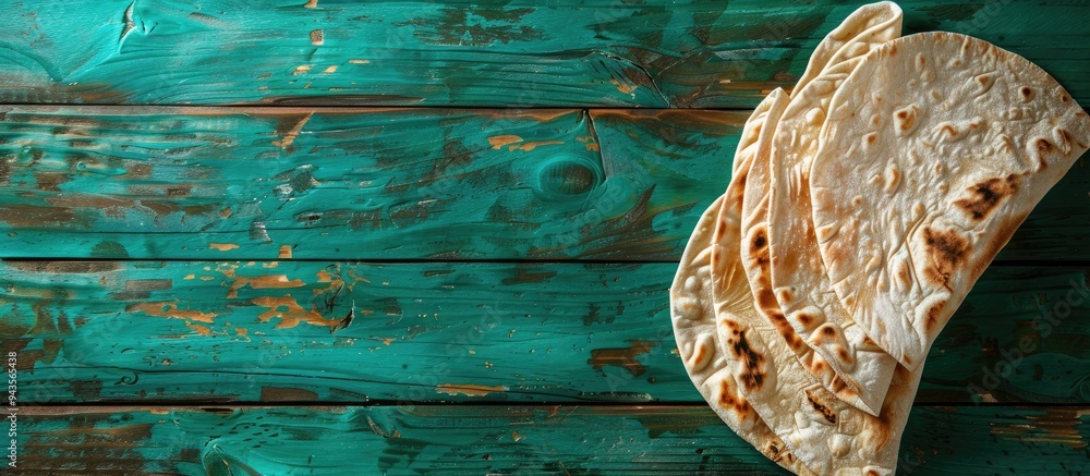 Poster thin lavash on a green wooden surface with copy space image