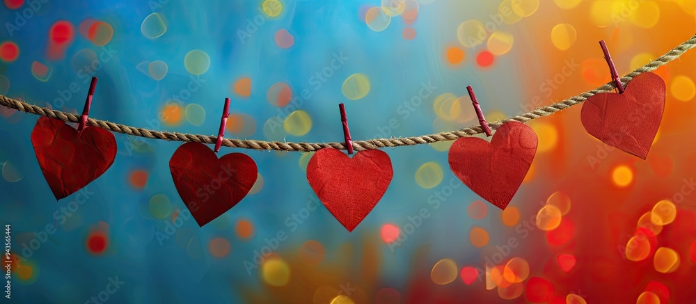 Poster Paper hearts in red displayed on a rope against a colorful backdrop with empty space in the image for customization. Creative banner. Copyspace image