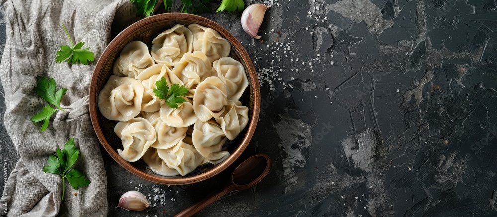 Poster preparing traditional ural dumplings filled with minced pork and served on a plate with a tantalizin