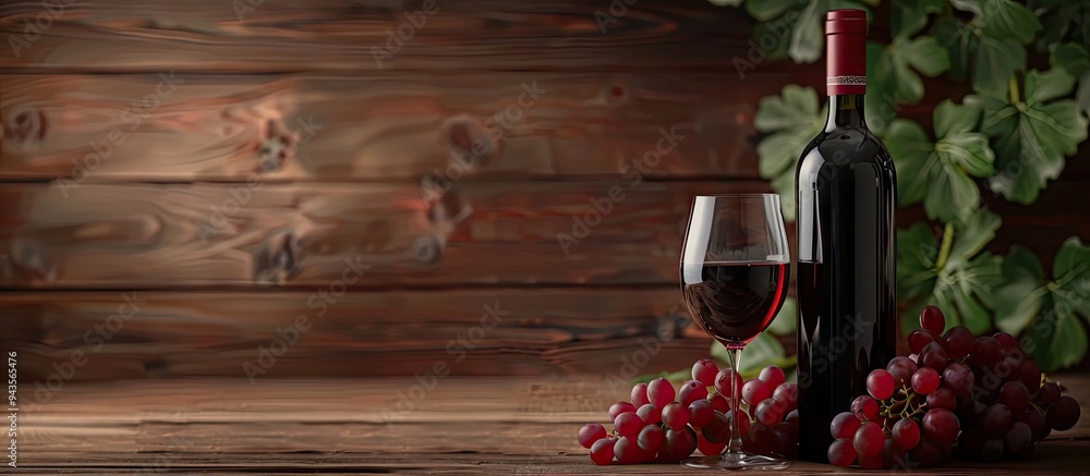 Poster red wine bottle with grapes and glass on wood backdrop with copy space image