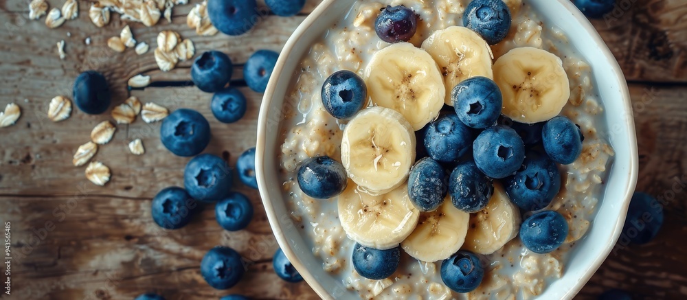 Aufkleber Top down view of a healthy oatmeal bowl adorned with blueberries and banana slices accompanied by additional fruits Ample space for text on the image